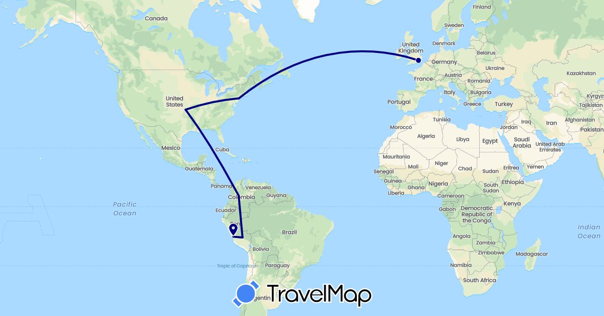TravelMap itinerary: driving in Colombia, Cuba, United Kingdom, Peru, United States (Europe, North America, South America)